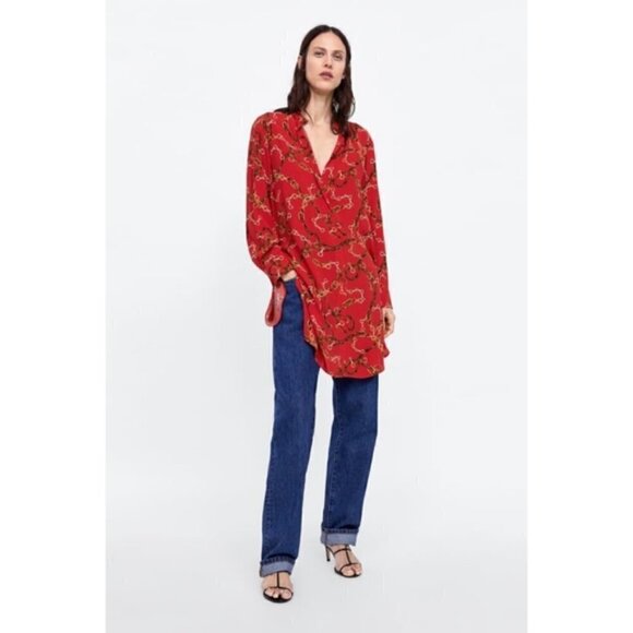 Zara Basic Red Chain Print Long Sleeve Tunic Dress S - Picture 1 of 11